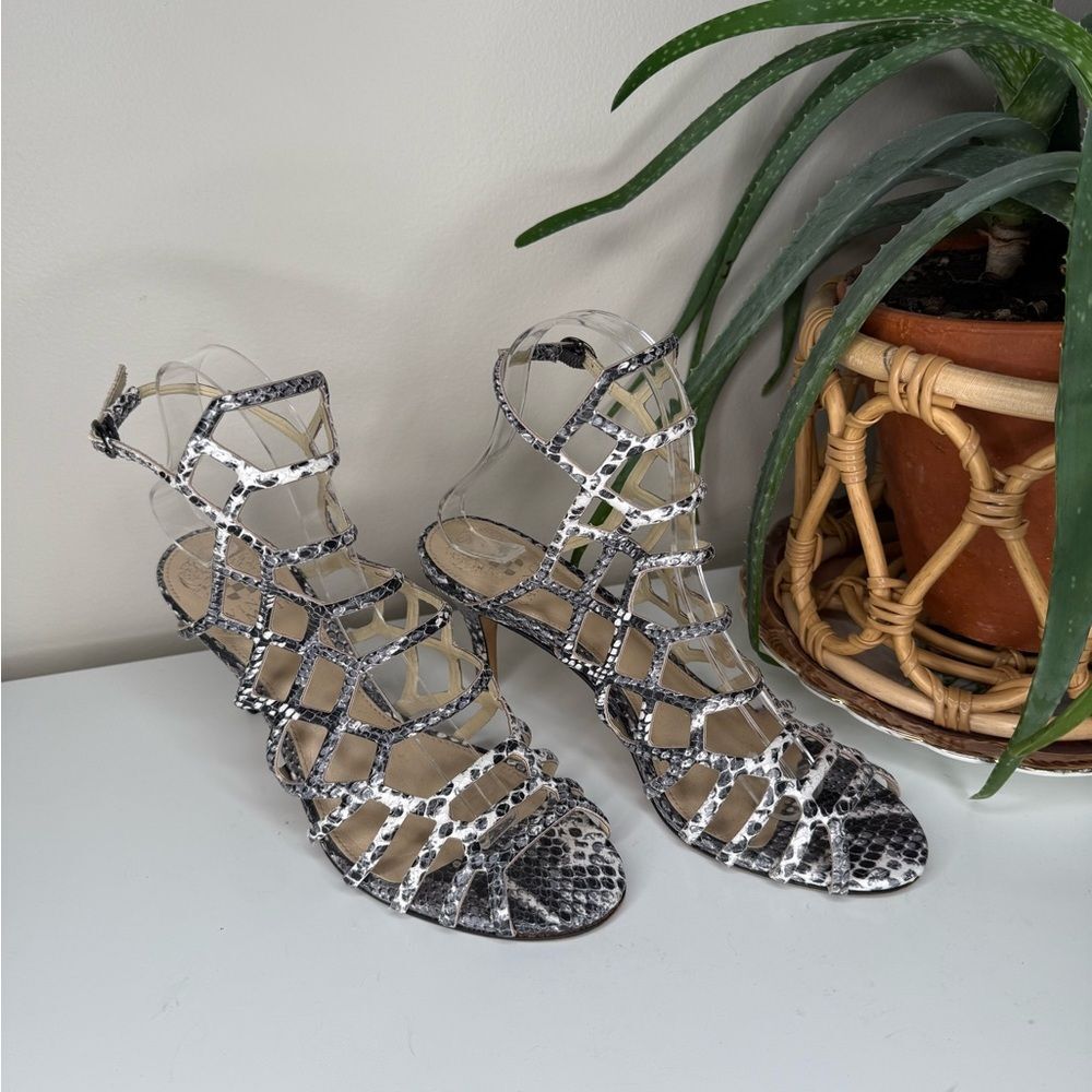 Vince Camuto Snakeskin Gladiator Strappy Heels Sandals 2.5” Kitten Heel Sz 7.5M